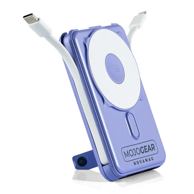 MOJOGEAR NovaMag All-in-1 Powerbank 10,000 mAh – Wireless Qi2 & Built-in Cables – Purple