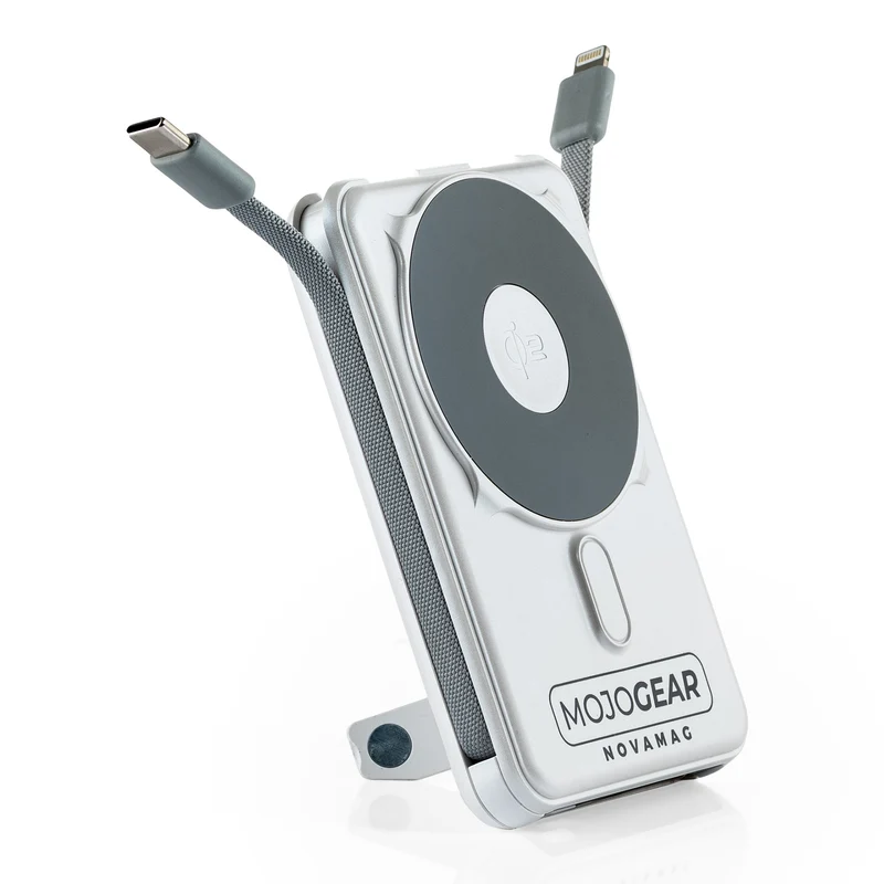 MOJOGEAR NovaMag All-in-1 Powerbank 10,000 mAh – Wireless Qi2 & Built-in Cables – White