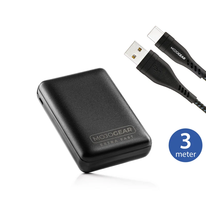 MOJOGEAR MINI EXTRA FAST 10,000 mAh power bank with USB-C to USB cable Extra Strong 3m