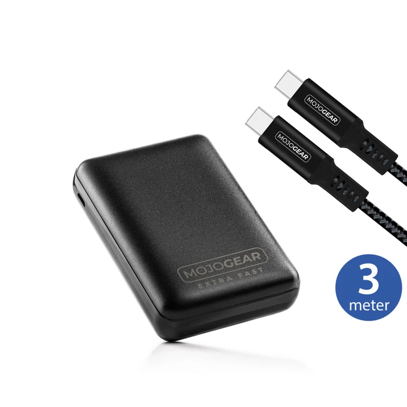 MOJOGEAR MINI EXTRA FAST 10,000 mAh power bank with USB-C to USB-C cable 100W USB 3.1 Extra Strong 3m