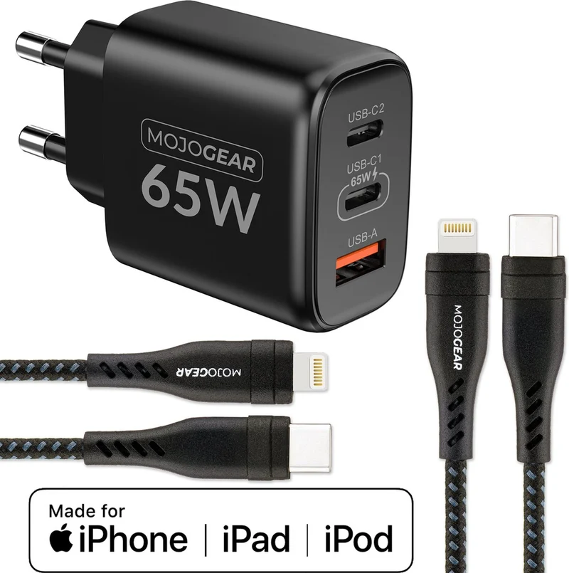 MOJOGEAR CHARGE+ 65W fast charger for iPhone & iPad with 2x Lightning to USB-C cable 1.5 meters