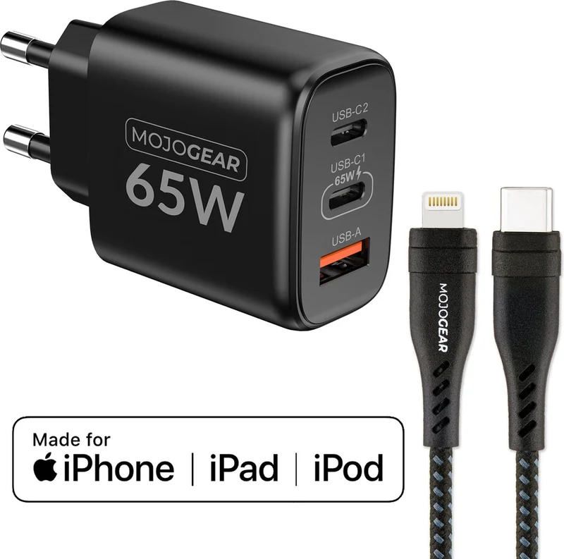 MOJOGEAR CHARGE+ 65W fast charger for iPhone & iPad with Lightning to USB-C cable 1.5 meters