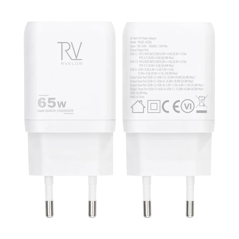 Rvelon Väggladdare 2x USB-C och USB-A 65W GaN - Vit