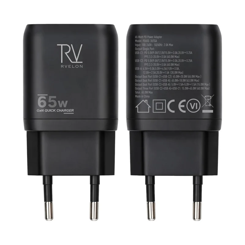 Rvelon Väggladdare 2x USB-C och USB-A 65W GaN - Svart