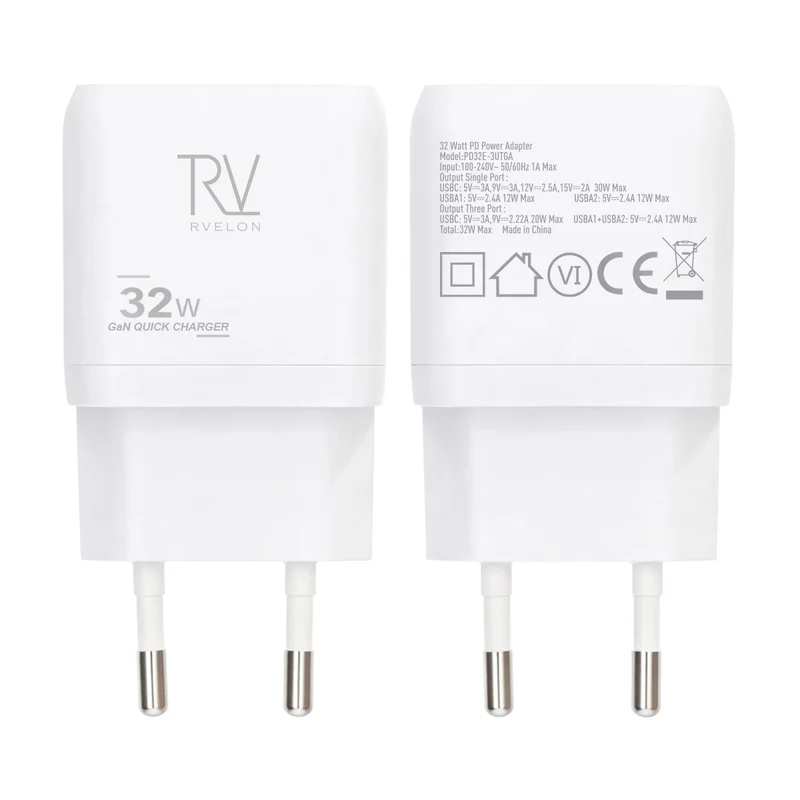 Rvelon Väggladdare USB-C och 2x USB-A 32W GaN - Vit