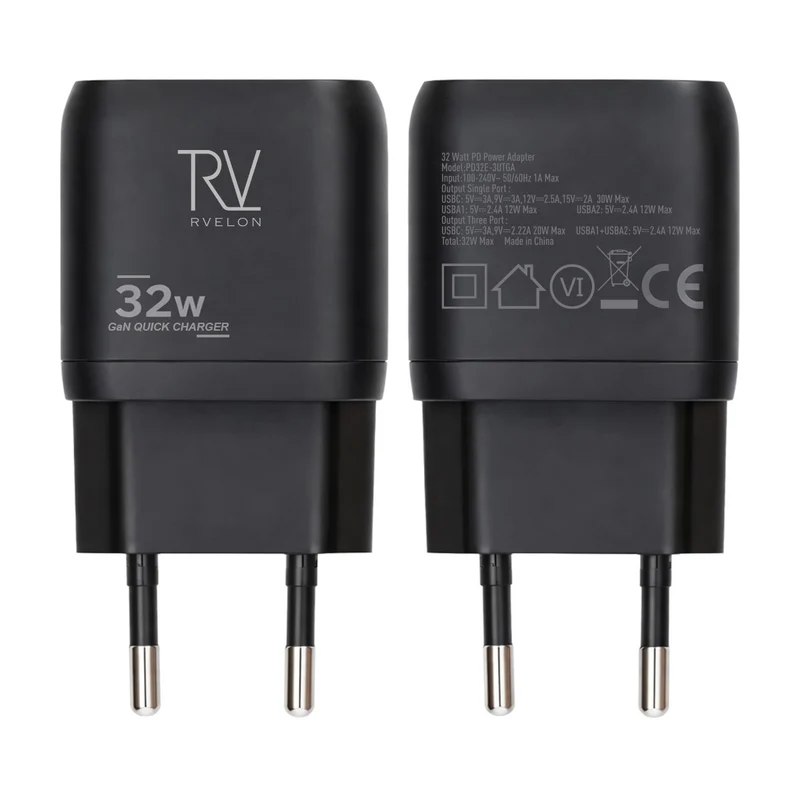 Rvelon Väggladdare USB-C och 2x USB-A 32W GaN - Svart