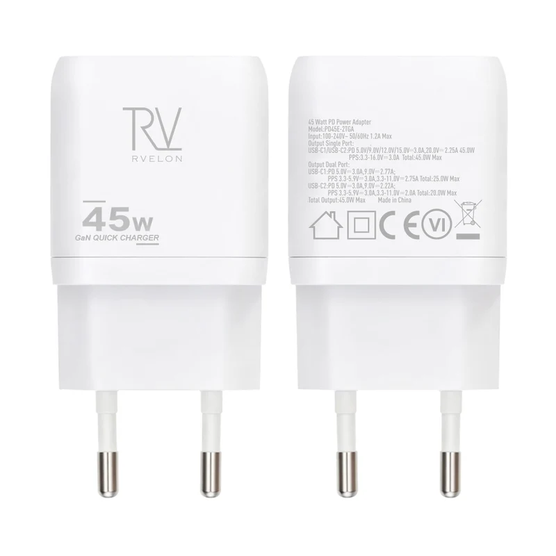 Rvelon USB C Väggladdare 45W GaN Dubbel Port- Vit