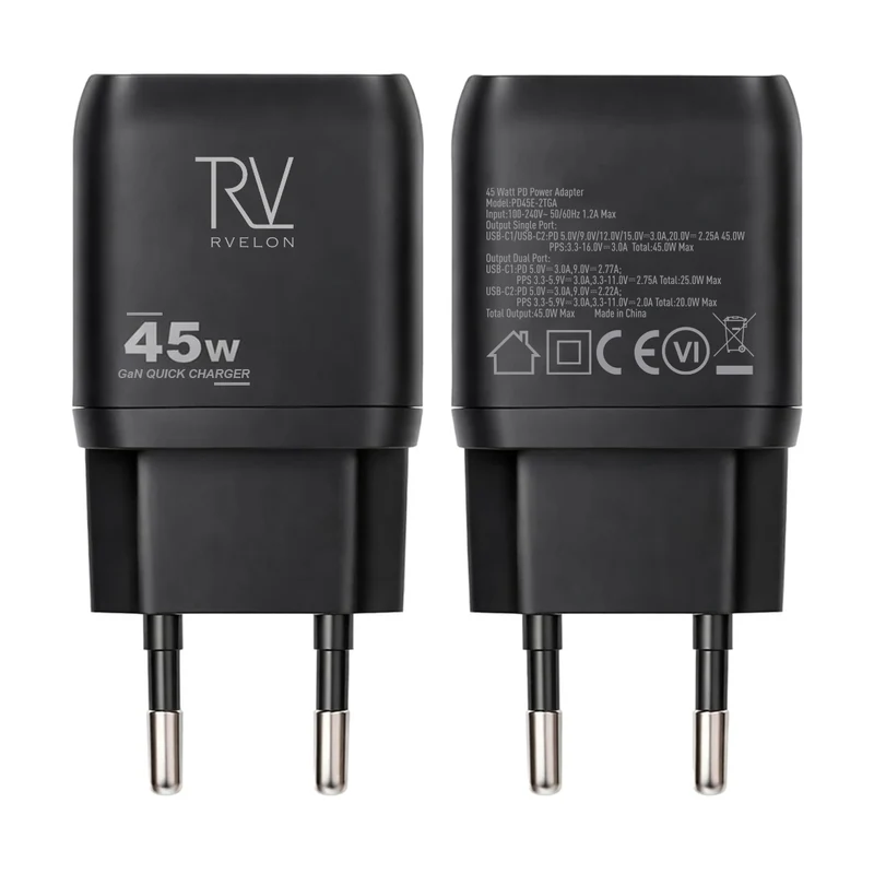 Rvelon USB C Väggladdare 45W GaN Dubbel Port- Svart