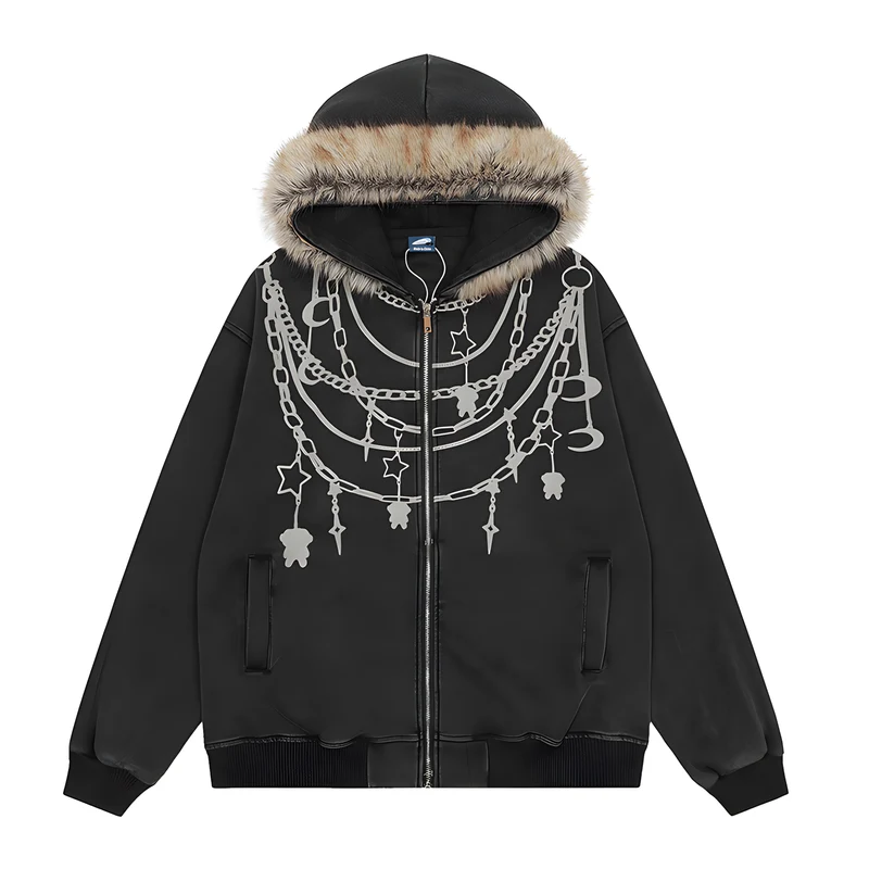 Plush-Collar Hooded Jacket