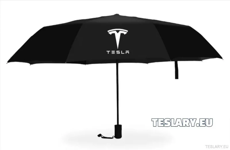 Svart vind- och regntåligt paraply med Tesla-logotyp