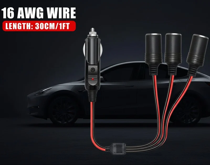 1 till 3 bilkontaktsplitteradapter strömladdarport eluttag 3-vägssplitter 16AWG med och LED-lampa 15A säkring