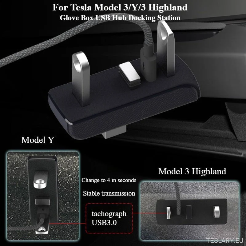 Tesla Model 3 / Y Handskfack USB-hubb och dockningsstation (ENDAST VÄNSTERSTYRT)