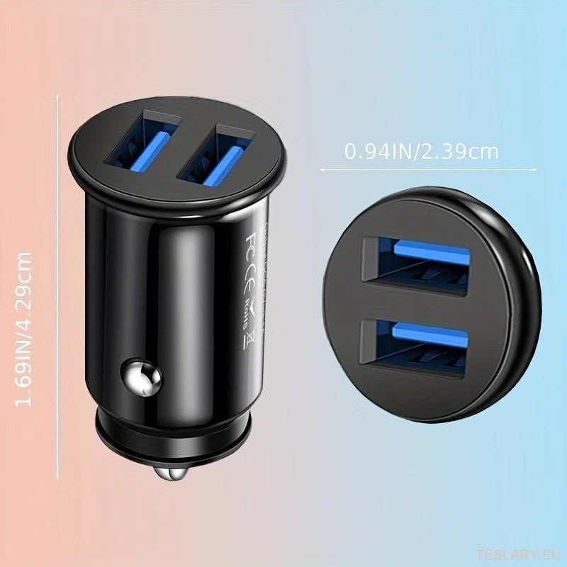 Mini USB-billaddare med 2 portar, snabbladdningsadapter för elbilar, inklusive Tesla, BYD och många fler