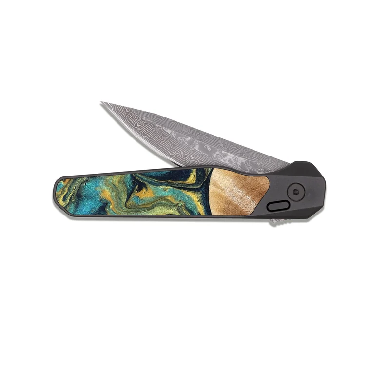 EDC Dark Damascus Wood Pocket Knife - Julius (Teal & Gold, 830006)