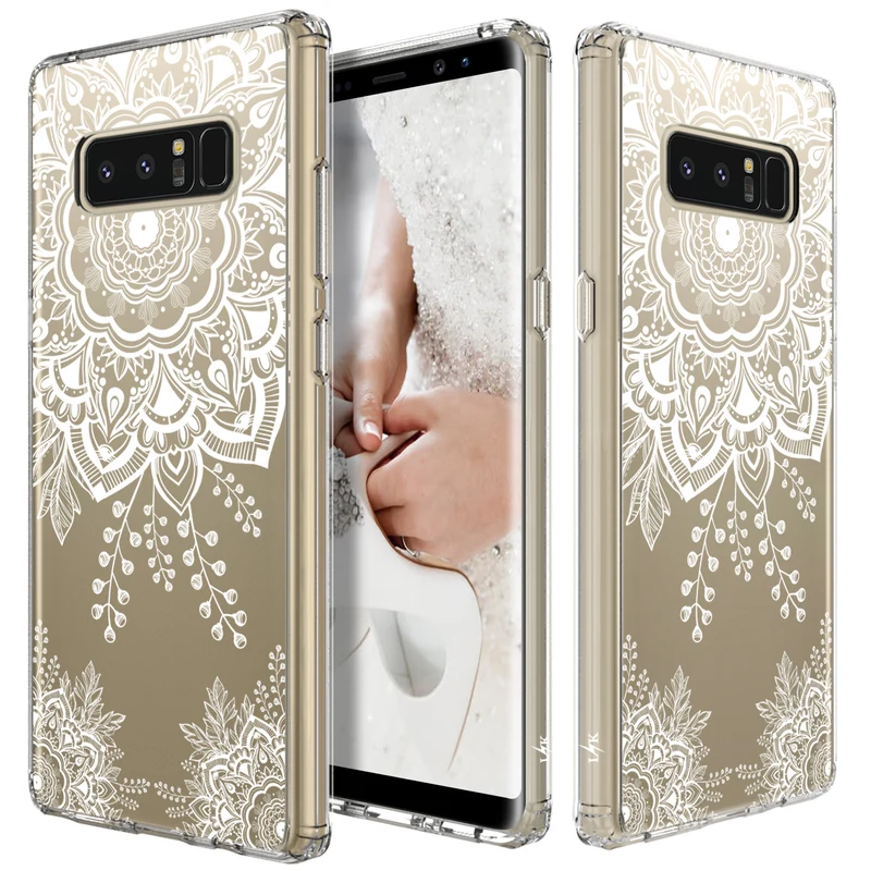 Galaxy Note 8 Case, LK [Shock Absorbing] White Henna Mandala Floral Lace Clear Design Printed Air Hybrid with TPU Bumper Protective Case Cover for Samsung Galaxy Note 8