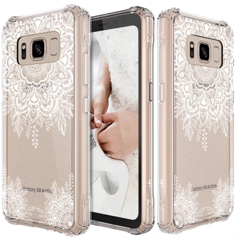 Galaxy S8 Active Case, LK Shock Absorbing White Henna Mandala Floral Lace Clear Design Printed Air Hybrid with TPU Bumper Protective Case Cover for Samsung Galaxy S8 Active