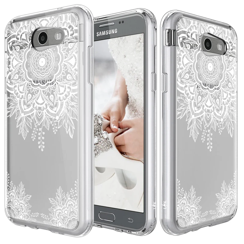 Samsung Galaxy J3 Emerge / J3 2017 / J3 Prime / J3 Mission / J3 Eclipse / J3 Luna Pro / Amp Prime 2 / Express Prime 2 Case, White Henna Floral Clear Air Hybrid with TPU Bumper Protective Cover