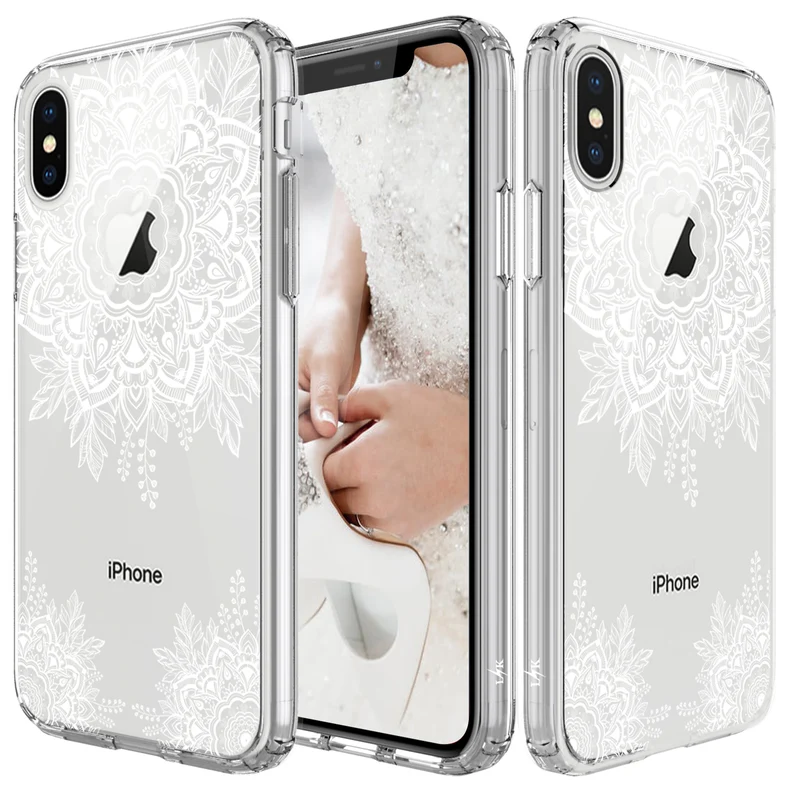 iPhone X Case, [Shock Absorbing] White Henna Mandala Floral Lace Clear Design Printed Air Hybrid with TPU Bumper Protective Case Cover for Apple iPhone X
