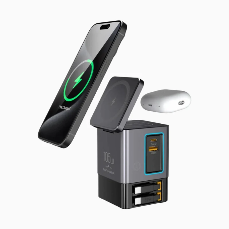 NexTECH® | 6-in-1 GaN charger with 2 Retractable Cables and MagSafe (105W)