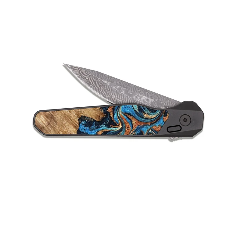 EDC Dark Damascus Wood Pocket Knife - Indigo (Teal & Gold, 829999)