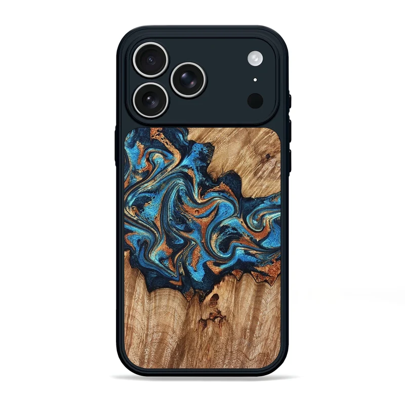 iPhone 17 Pro Max Wood Phone Case - Indigo (Teal & Gold, 829999)