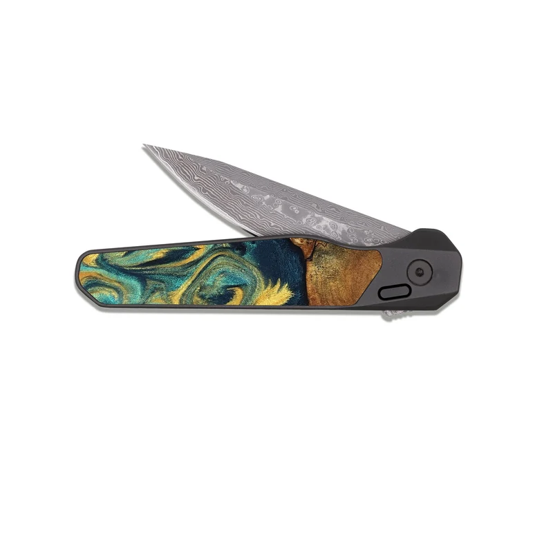 EDC Dark Damascus Wood Pocket Knife - Odie (Teal & Gold, 829995)