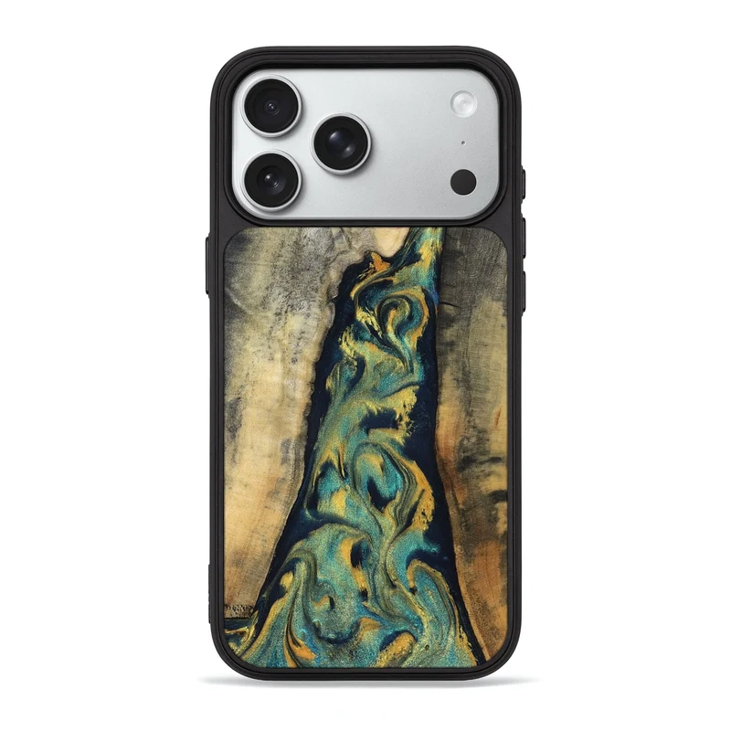 iPhone 18 Pro Max Wood Phone Case - Vicente (Teal & Gold, 830000)