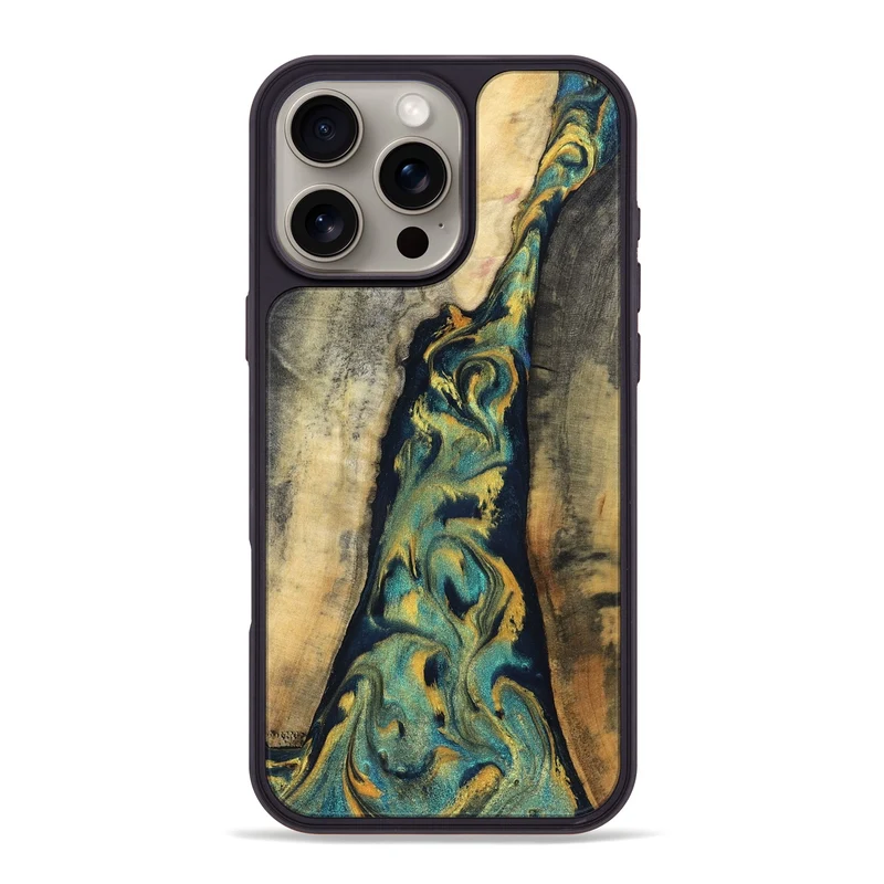 iPhone 16 Pro Max Wood Phone Case - Vicente (Teal & Gold, 830000)