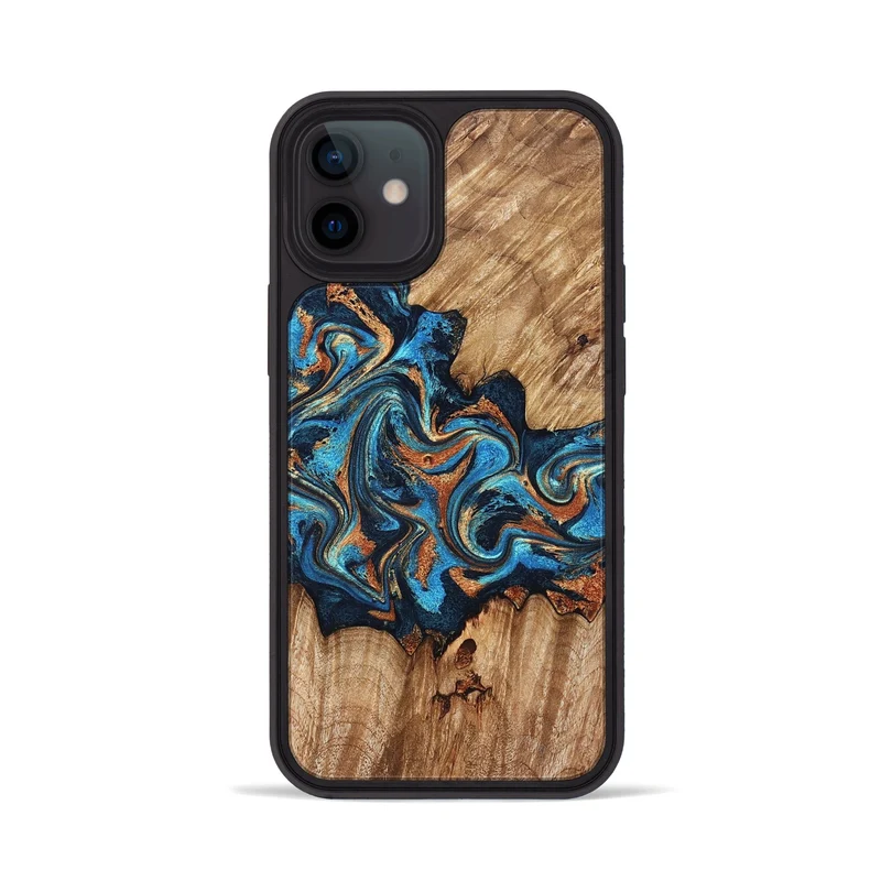 iPhone 12 Wood Phone Case - Indigo (Teal & Gold, 829999)