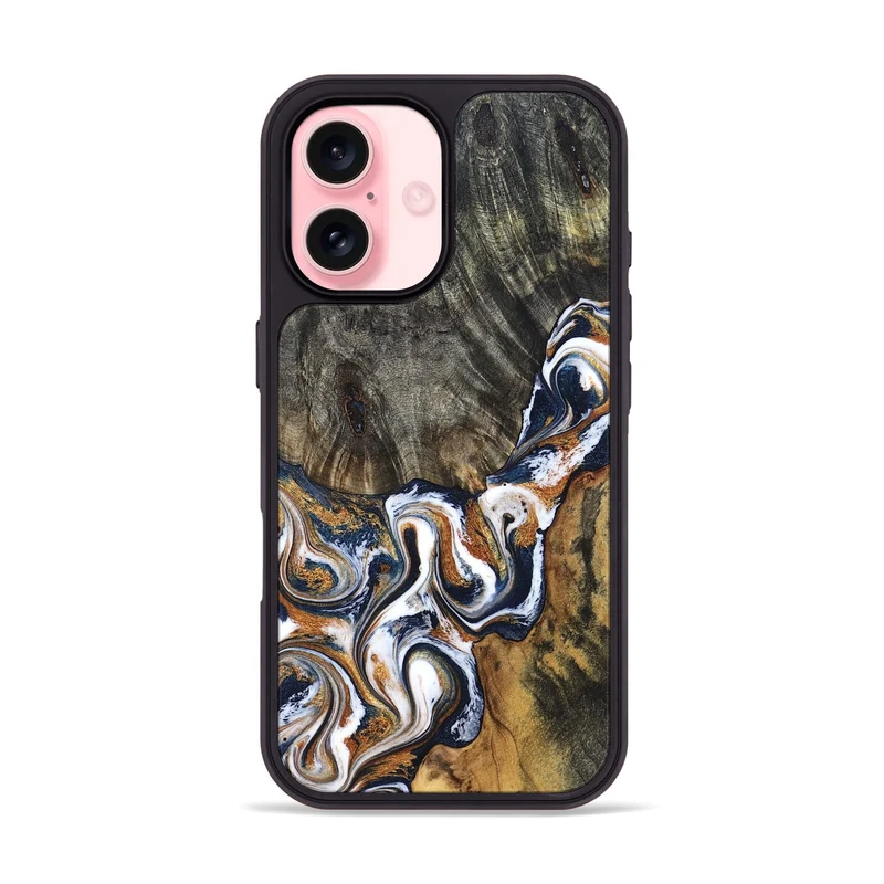 iPhone 16 Wood Phone Case - Isai (Teal & Gold, 830003)