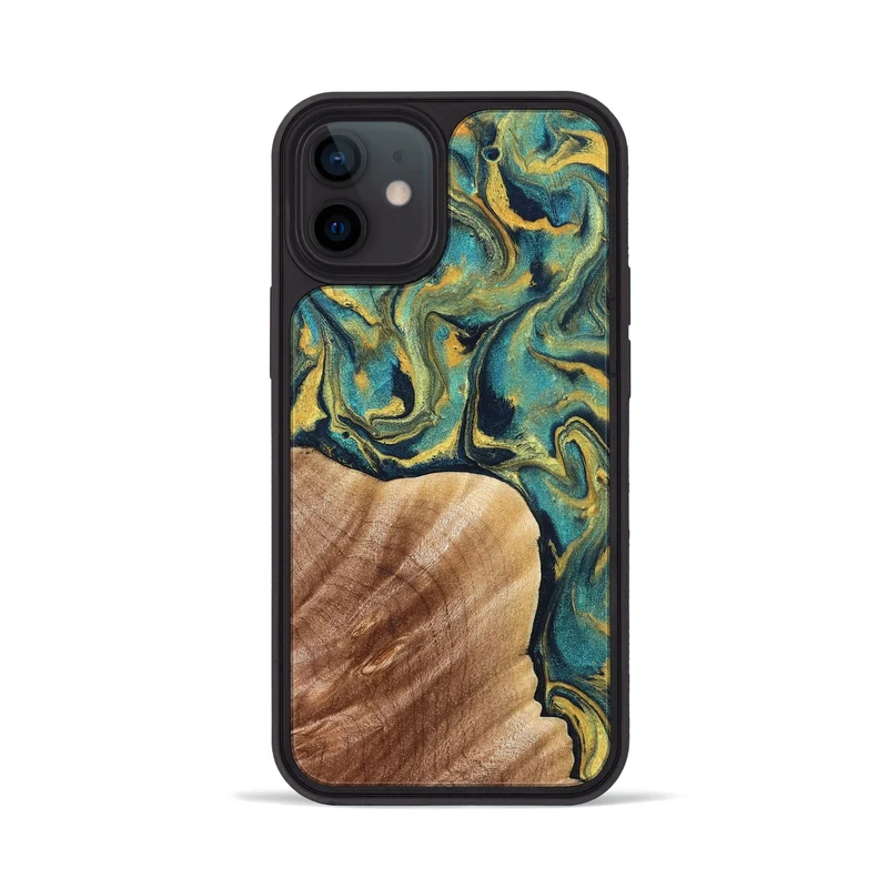 iPhone 12 Wood Phone Case - Julius (Teal & Gold, 830006)