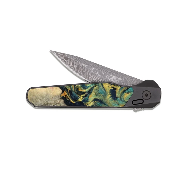 EDC Dark Damascus Wood Pocket Knife - Vicente (Teal & Gold, 830000)