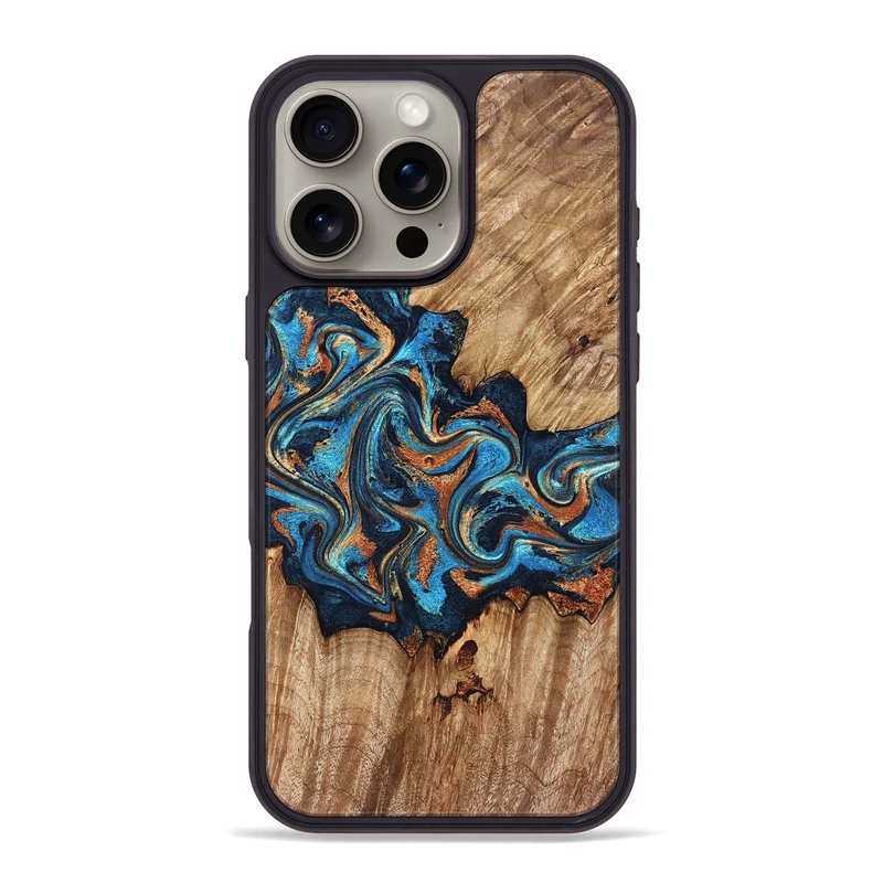 iPhone 16 Pro Max Wood Phone Case - Indigo (Teal & Gold, 829999)