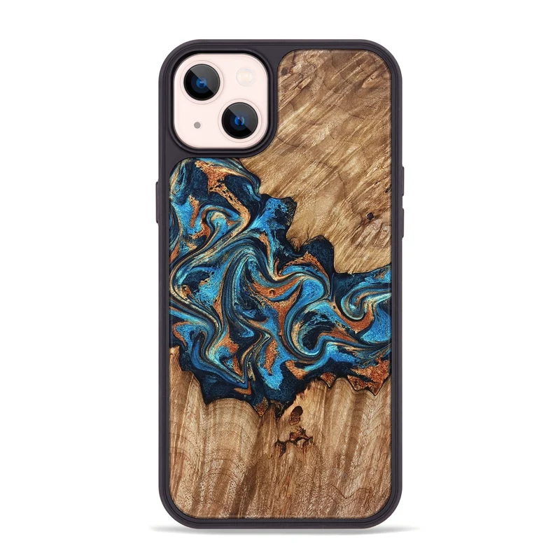 iPhone 14 Plus Wood Phone Case - Indigo (Teal & Gold, 829999)