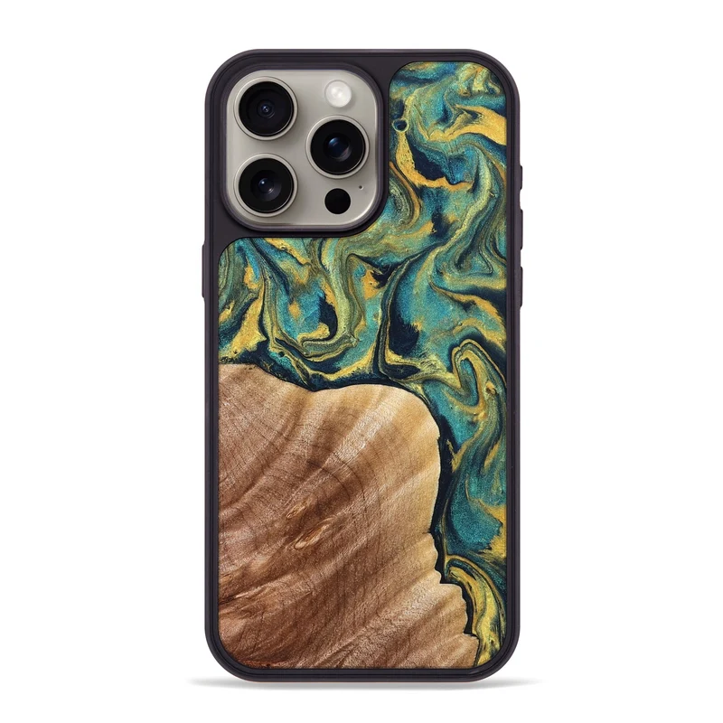 iPhone 15 Pro Max Wood Phone Case - Julius (Teal & Gold, 830006)