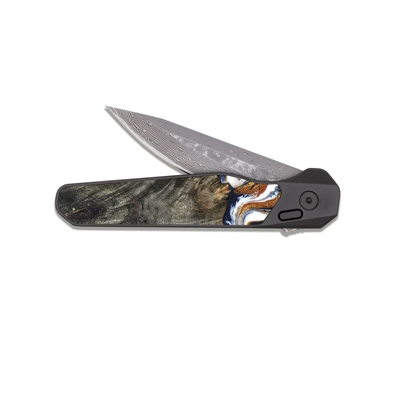 EDC Dark Damascus Wood Pocket Knife - Isai (Teal & Gold, 830003)