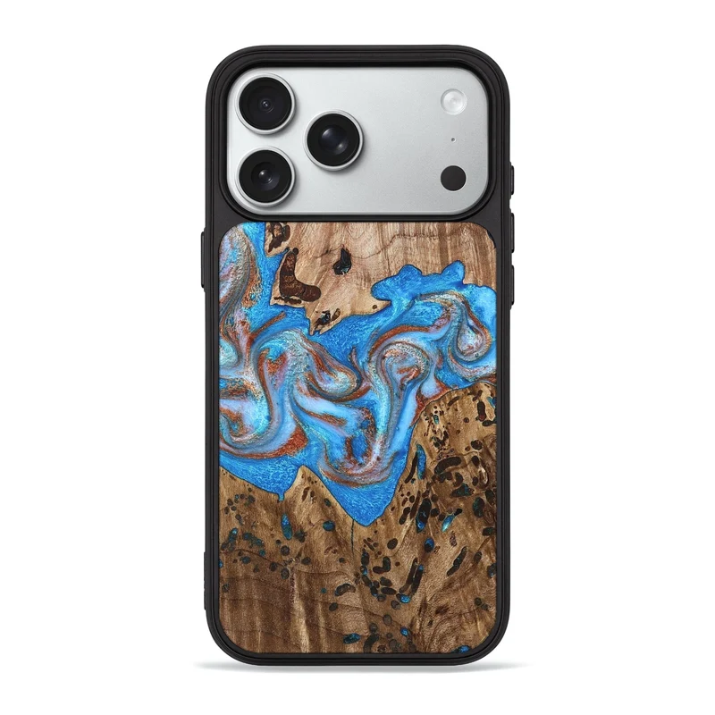 iPhone 18 Pro Max Wood Phone Case - Owen (Teal & Gold, 830004)
