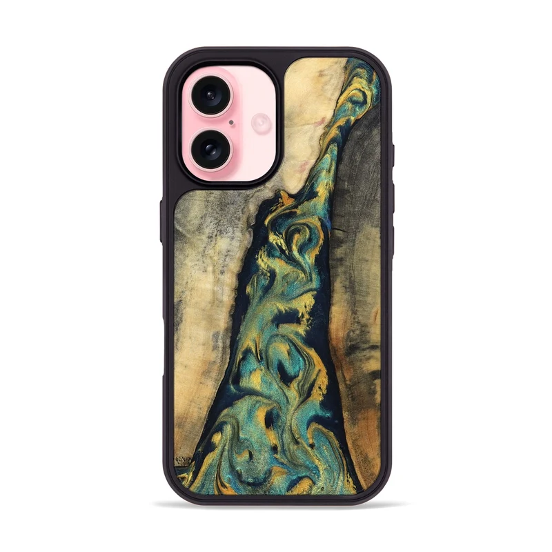 iPhone 16 Wood Phone Case - Vicente (Teal & Gold, 830000)