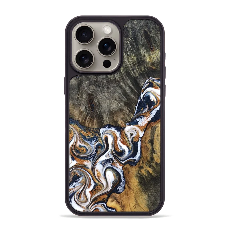 iPhone 15 Pro Max Wood Phone Case - Isai (Teal & Gold, 830003)