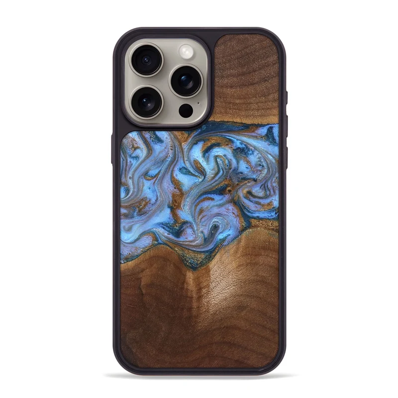 iPhone 15 Pro Max Wood Phone Case - Ford (Teal & Gold, 830001)