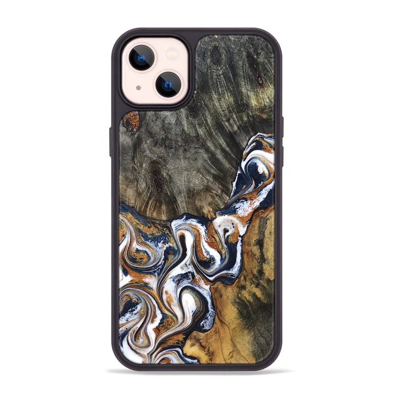 iPhone 14 Plus Wood Phone Case - Isai (Teal & Gold, 830003)