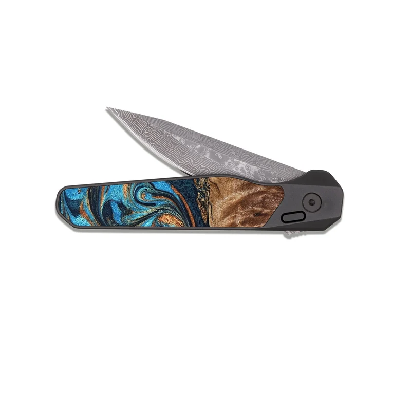 EDC Dark Damascus Wood Pocket Knife - Nautica (Teal & Gold, 829996)