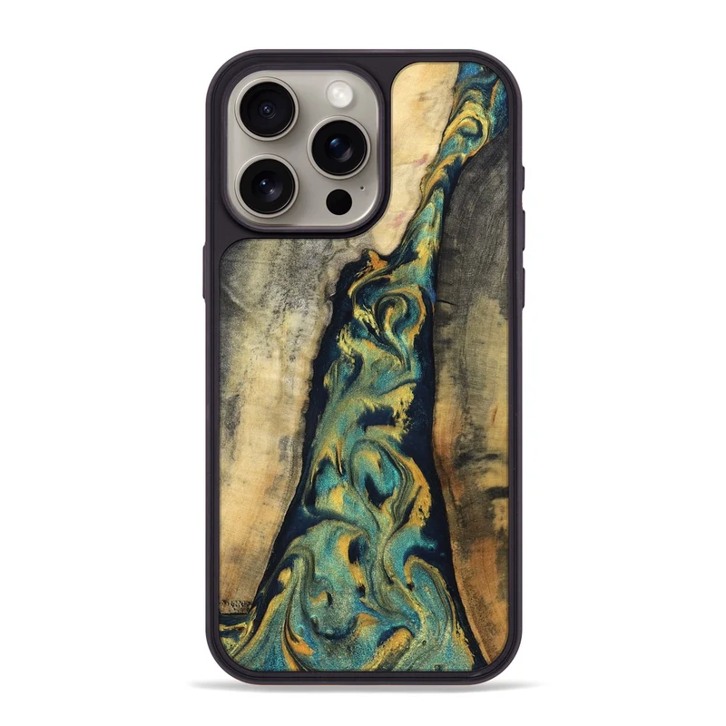 iPhone 15 Pro Max Wood Phone Case - Vicente (Teal & Gold, 830000)