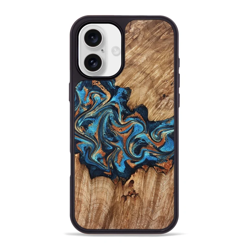 iPhone 16 Plus Wood Phone Case - Indigo (Teal & Gold, 829999)