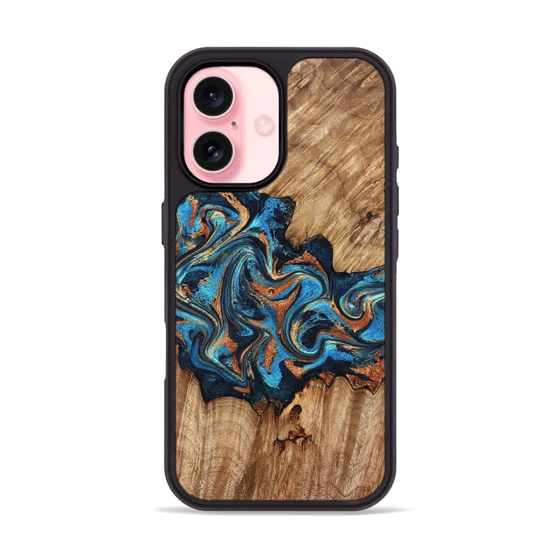 iPhone 16 Wood Phone Case - Indigo (Teal & Gold, 829999)