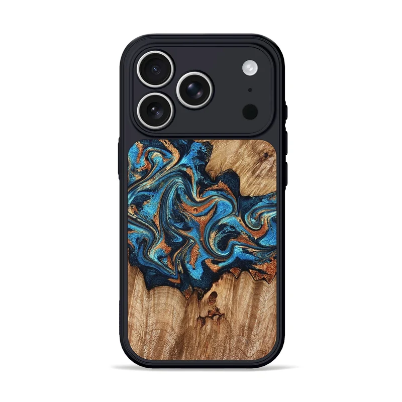 iPhone 17 Pro Wood Phone Case - Indigo (Teal & Gold, 829999)