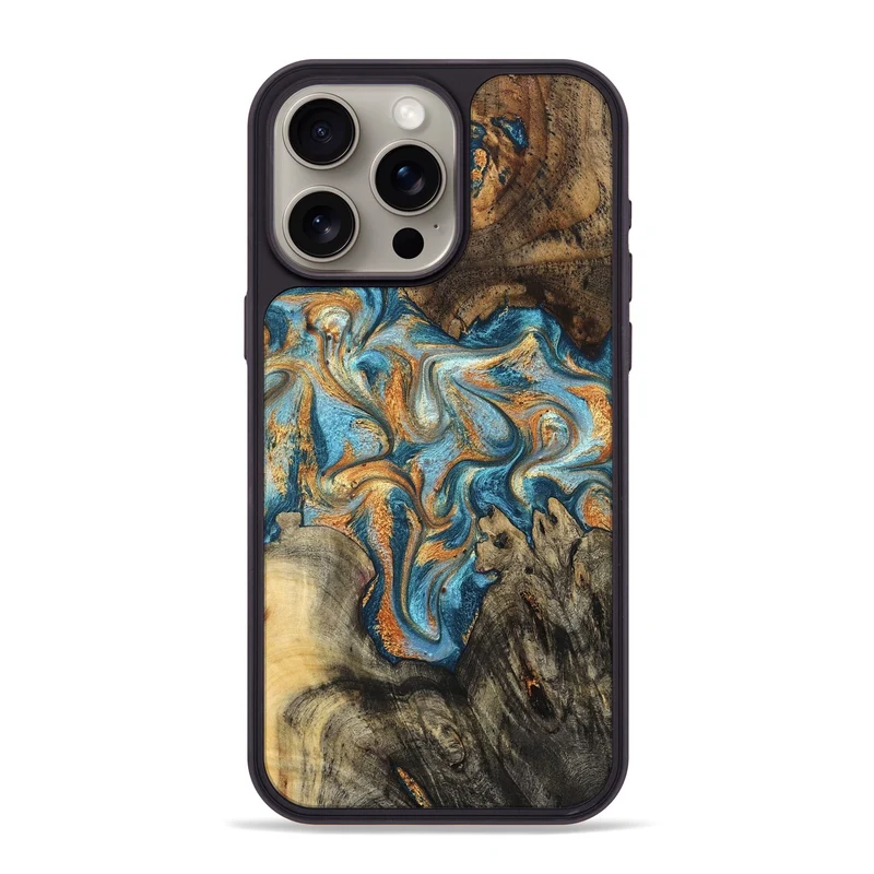 iPhone 15 Pro Max Wood Phone Case - Ila (Teal & Gold, 829997)