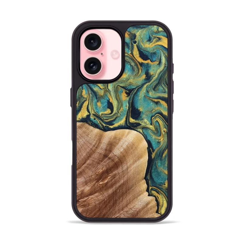iPhone 16 Wood Phone Case - Julius (Teal & Gold, 830006)
