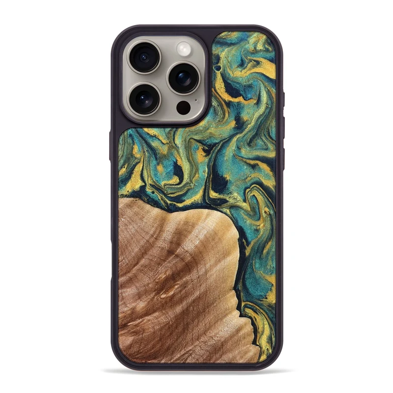 iPhone 16 Pro Max Wood Phone Case - Julius (Teal & Gold, 830006)