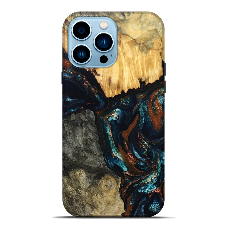 iPhone 14 Pro Max Wood Live Edge Phone Case - Boyd (Teal & Gold, 829843)